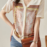V-neck short sleeve knitted cardigan with graphic print - liwisi