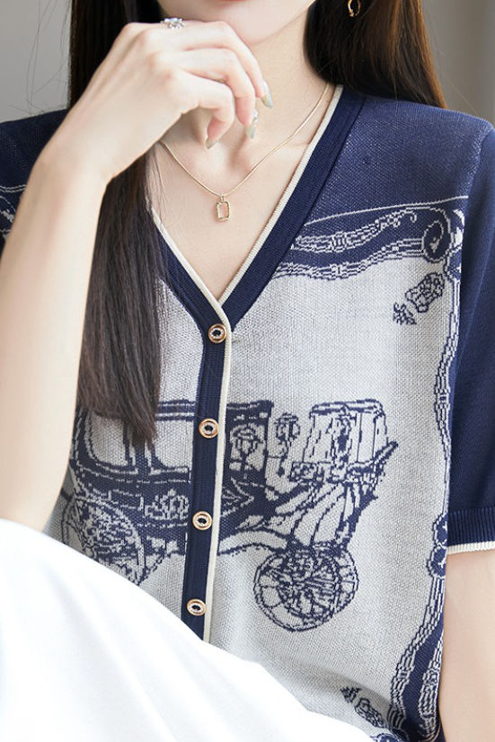 V-neck color block knit T-shirt - liwisi