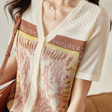 V-neck short sleeve knitted cardigan with graphic print - liwisi