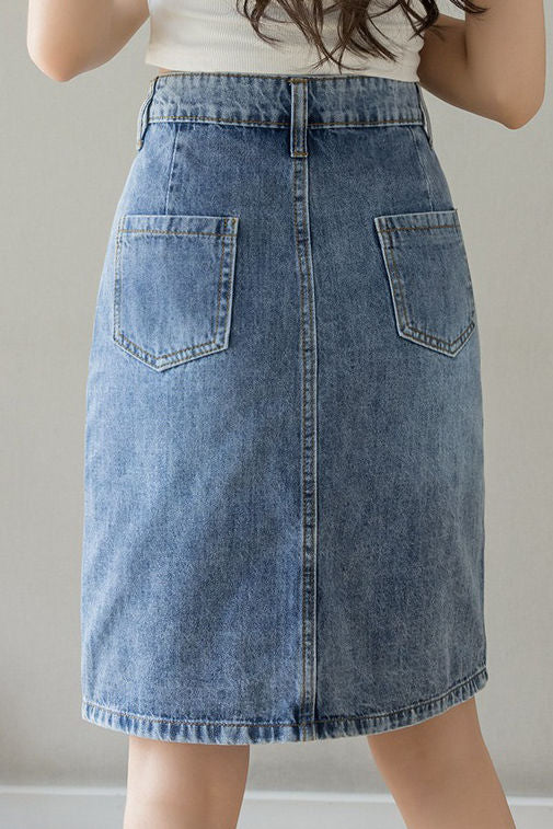 Embroidered beaded high-waisted slit denim skirt - liwisi