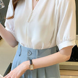 V-neck pearl short sleeve chiffon shirt - liwisi