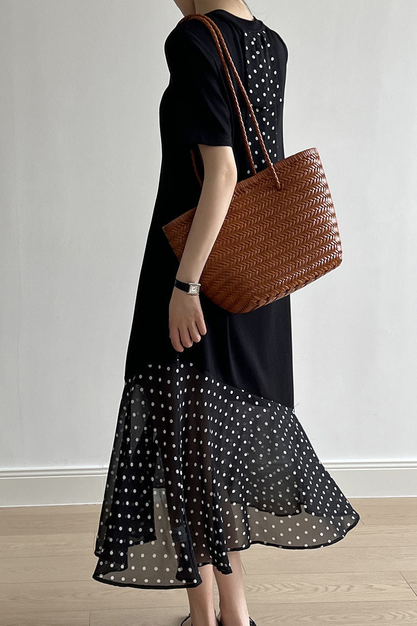 Spliced polka dot solid color dress - liwisi