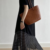 Spliced polka dot solid color dress - liwisi