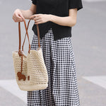 Side-slit short sleeve T-shirt with A-line plaid skirt set - liwisi
