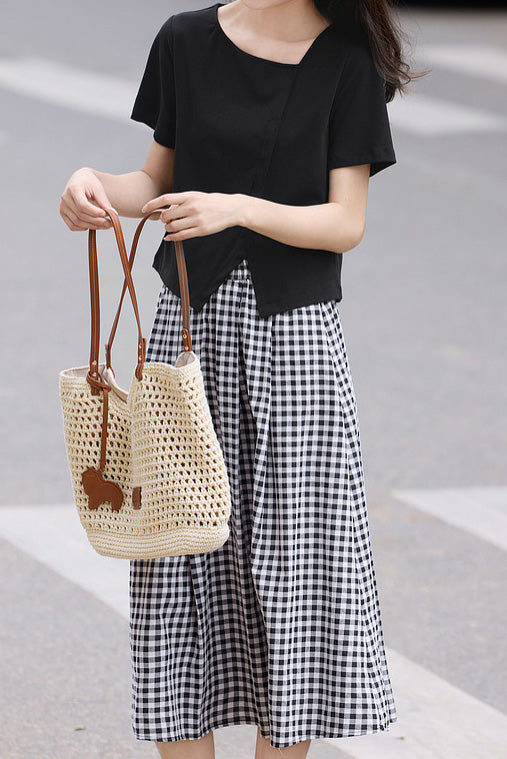 Side-slit short sleeve T-shirt with A-line plaid skirt set - liwisi