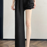 High-waisted shell weave pleated cotton-linen straight leg pants - liwisi