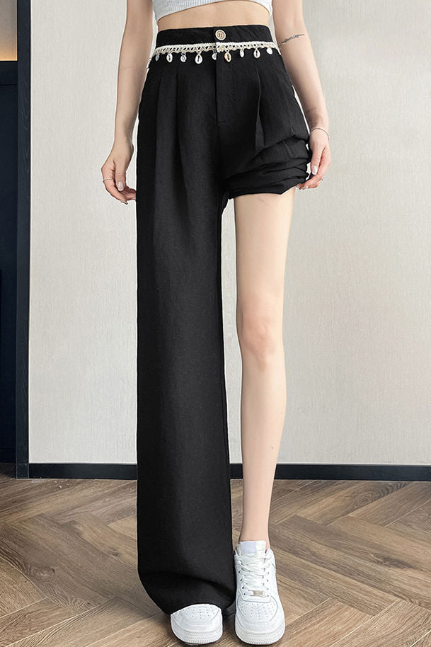 High-waisted shell weave pleated cotton-linen straight leg pants - liwisi