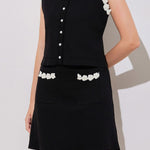 Crocheted beaded sleeveless knit top with matching skirt set - liwisi