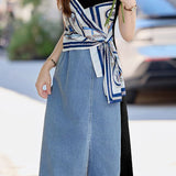 Trendy denim print patchwork dress - liwisi