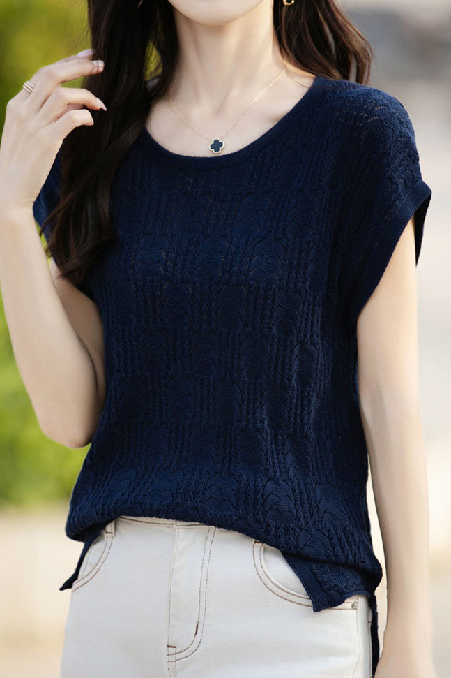 Hollow lace knit T-shirt - liwisi