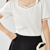 Square Neck Patchwork Puff Sleeve T-Shirt - liwisi