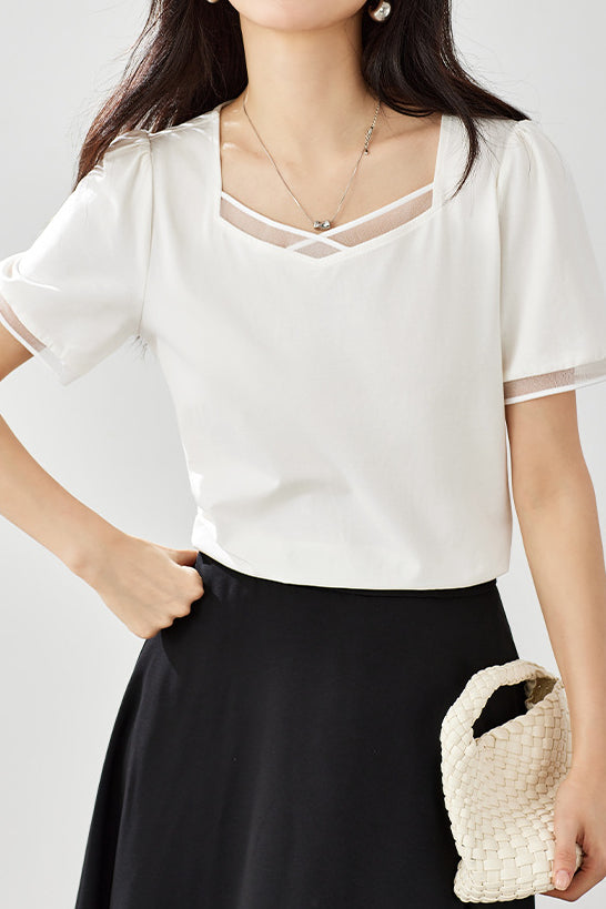 Square Neck Patchwork Puff Sleeve T-Shirt - liwisi