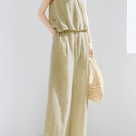 Casual collared sleeveless shirt with wide-leg long pants set - liwisi