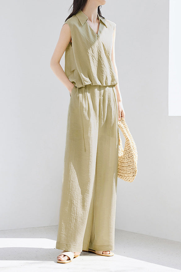 Casual collared sleeveless shirt with wide-leg long pants set - liwisi