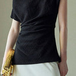 Textured off-shoulder fitted top with side pleats, loose pleated wide-leg pants two-piece set - liwisi