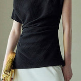 Textured off-shoulder fitted top with side pleats, loose pleated wide-leg pants two-piece set - liwisi