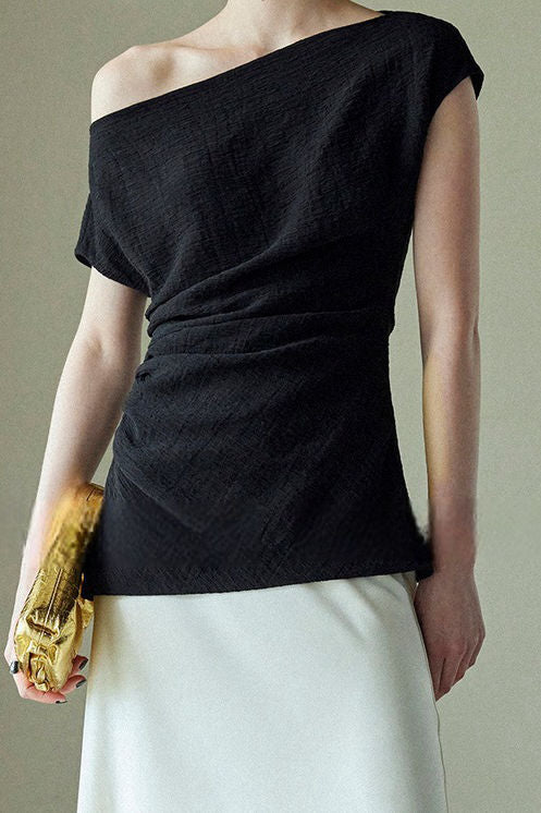 Textured off-shoulder fitted top with side pleats, loose pleated wide-leg pants two-piece set - liwisi