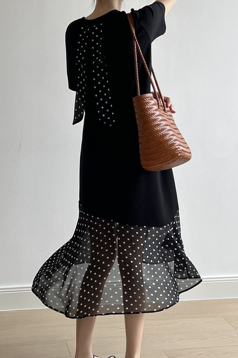 Spliced polka dot solid color dress - liwisi