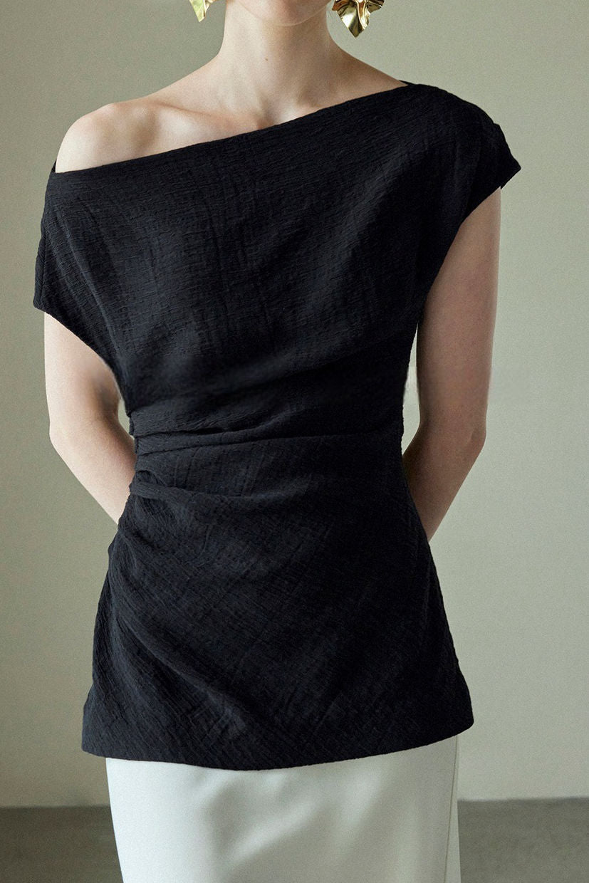 Textured off-shoulder fitted top with side pleats, loose pleated wide-leg pants two-piece set - liwisi