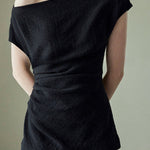 Textured off-shoulder fitted top with side pleats, loose pleated wide-leg pants two-piece set - liwisi