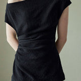 Textured off-shoulder fitted top with side pleats, loose pleated wide-leg pants two-piece set - liwisi