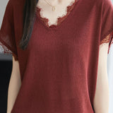 V-neck lace-trimmed knit T-shirt - liwisi