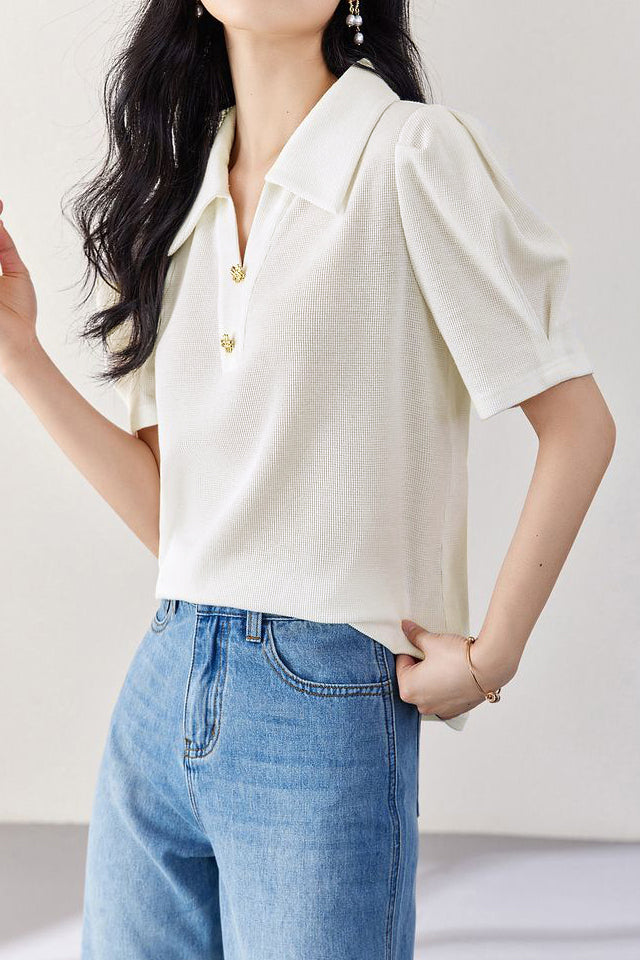 Minimalist waffle textured bubble short sleeve polo shirt - liwisi