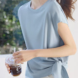 Side tie round neck drop shoulder short sleeve T-shirt - liwisi