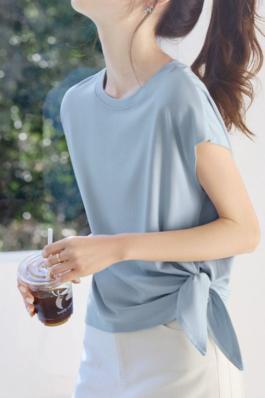 Side tie round neck drop shoulder short sleeve T-shirt - liwisi