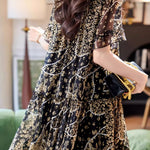 Round neck lace panel printed short sleeve dress - liwisi