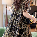Round neck lace panel printed short sleeve dress - liwisi