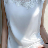 Round Neck Embroidered Lace Contrast Satin Vest - 3 Colors Available - liwisi