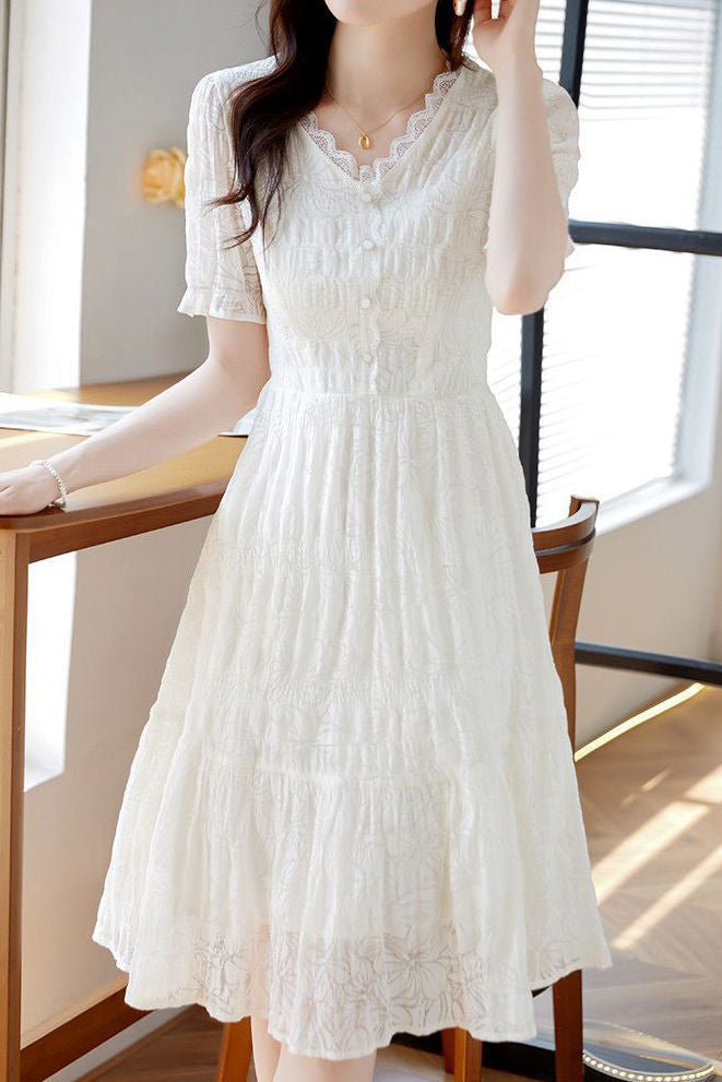 V-neck lace spliced A-line dress - liwisi