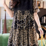 Round neck lace panel printed short sleeve dress - liwisi