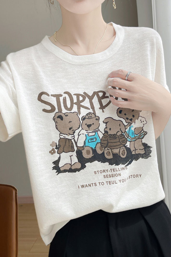 Lettered bear graphic short sleeve T-shirt - liwisi