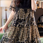 Round neck lace panel printed short sleeve dress - liwisi