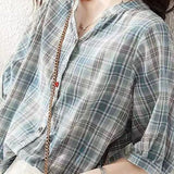Round stand collar button-up short sleeve loose casual shirt with drawstring hem - liwisi