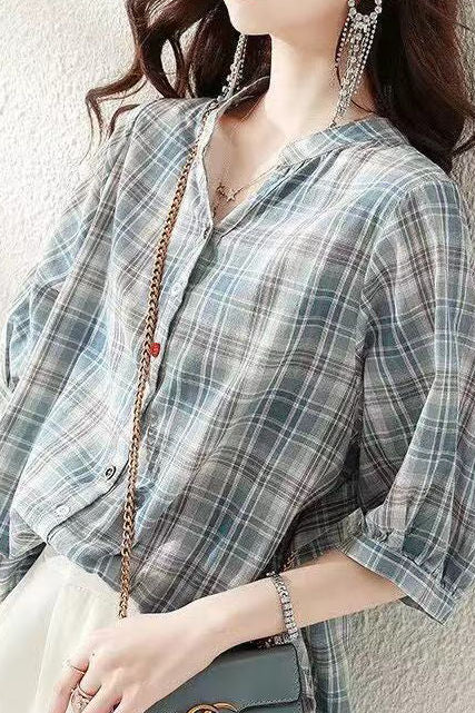 Round stand collar button-up short sleeve loose casual shirt with drawstring hem - liwisi