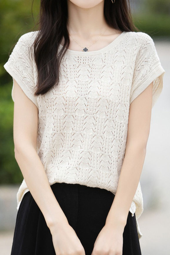 Hollow lace knit T-shirt - liwisi
