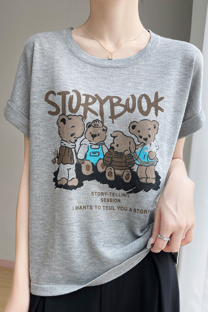 Lettered bear graphic short sleeve T-shirt - liwisi