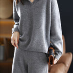 Two-Piece Set: Collared Knit Top + Knit Straight Pants - 4 Colors Available - liwisi