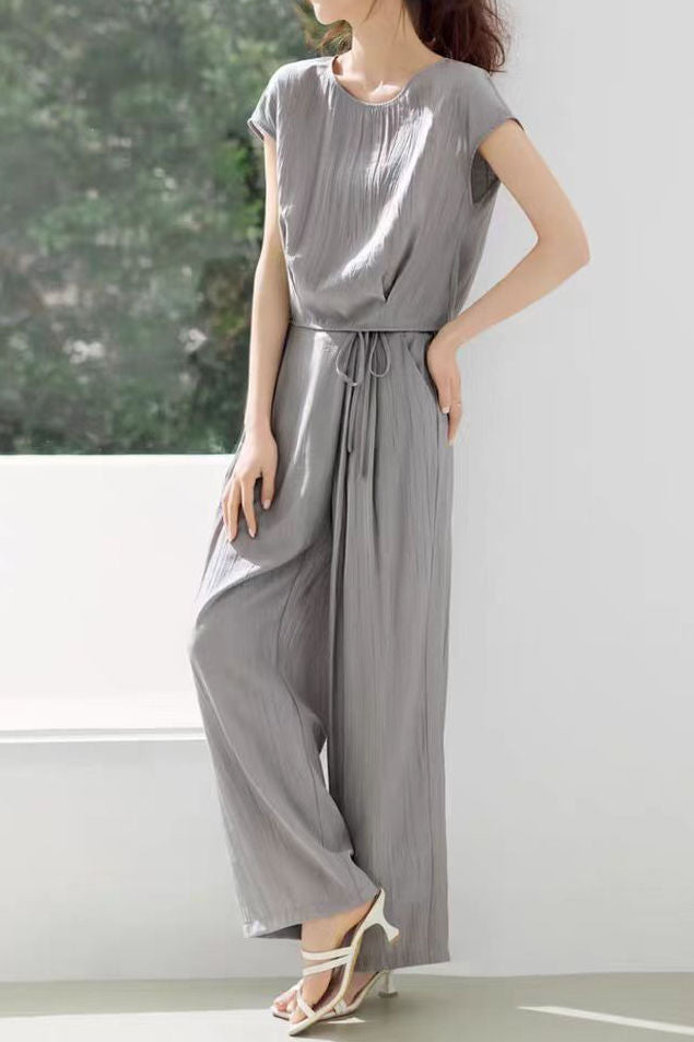 Casual flutter sleeve top with matching wide-leg pants set - liwisi