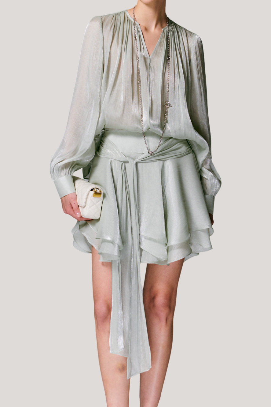 V-neck long sleeve shirt with tie and short skirt two-piece set - liwisi
