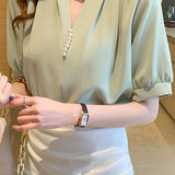 V-neck pearl short sleeve chiffon shirt - liwisi