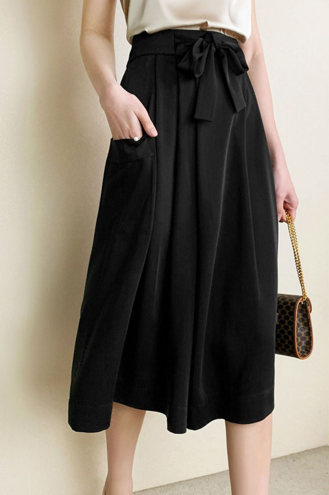 Solid color tie waist wide-leg skirt pants - liwisi