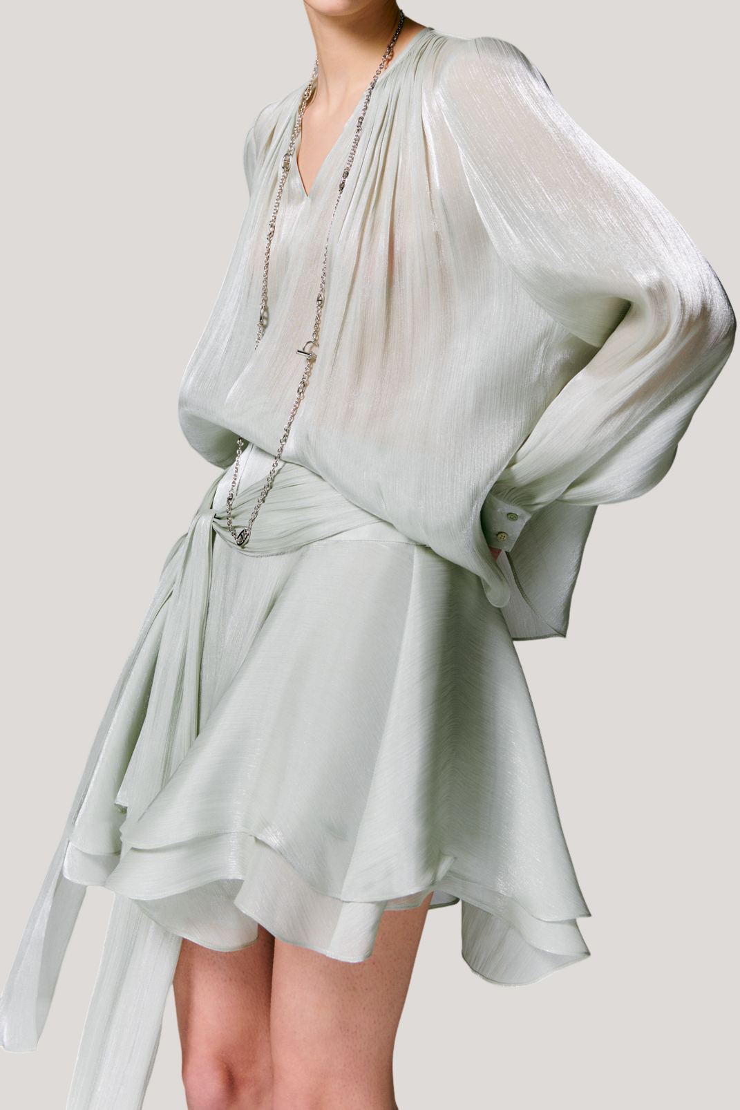 V-neck long sleeve shirt with tie and short skirt two-piece set - liwisi