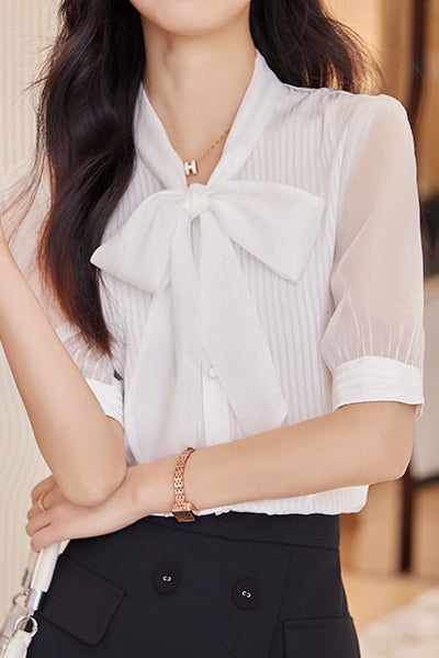 Ribbon Bow Tie Neck Shirt - liwisi