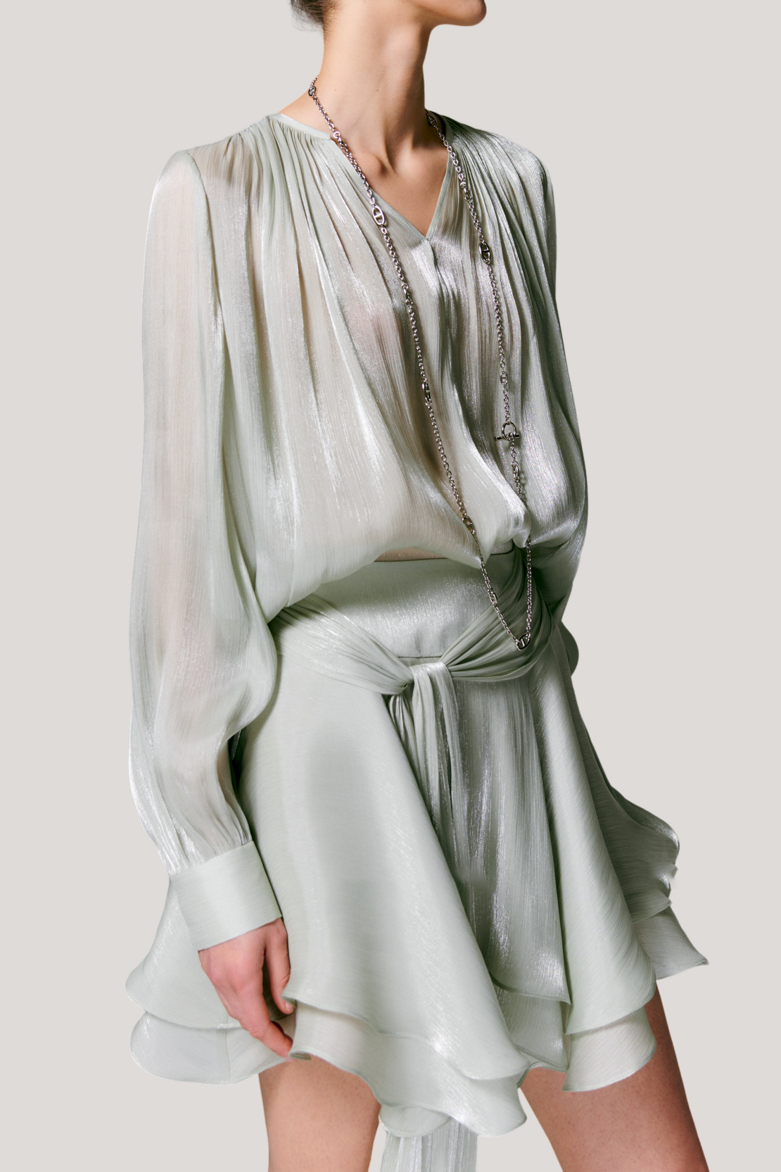 V-neck long sleeve shirt with tie and short skirt two-piece set - liwisi