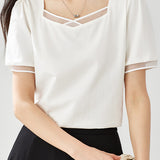 Square Neck Patchwork Puff Sleeve T-Shirt - liwisi