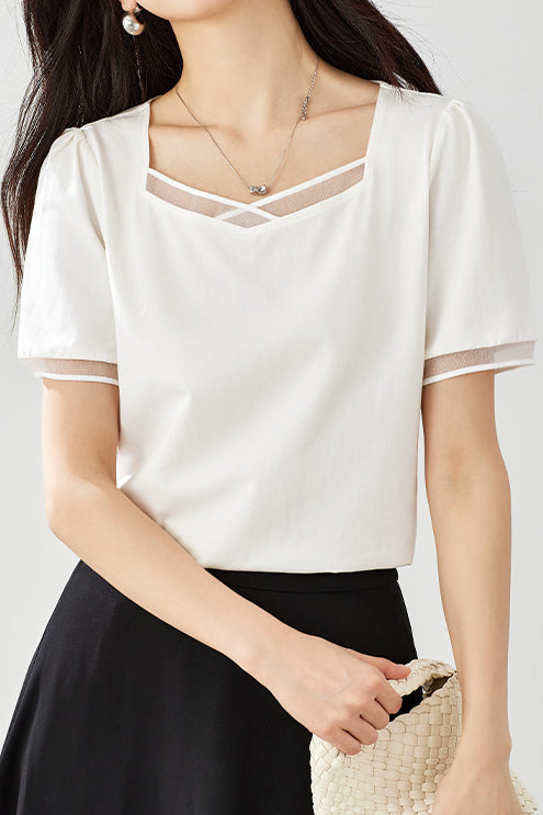 Square Neck Patchwork Puff Sleeve T-Shirt - liwisi